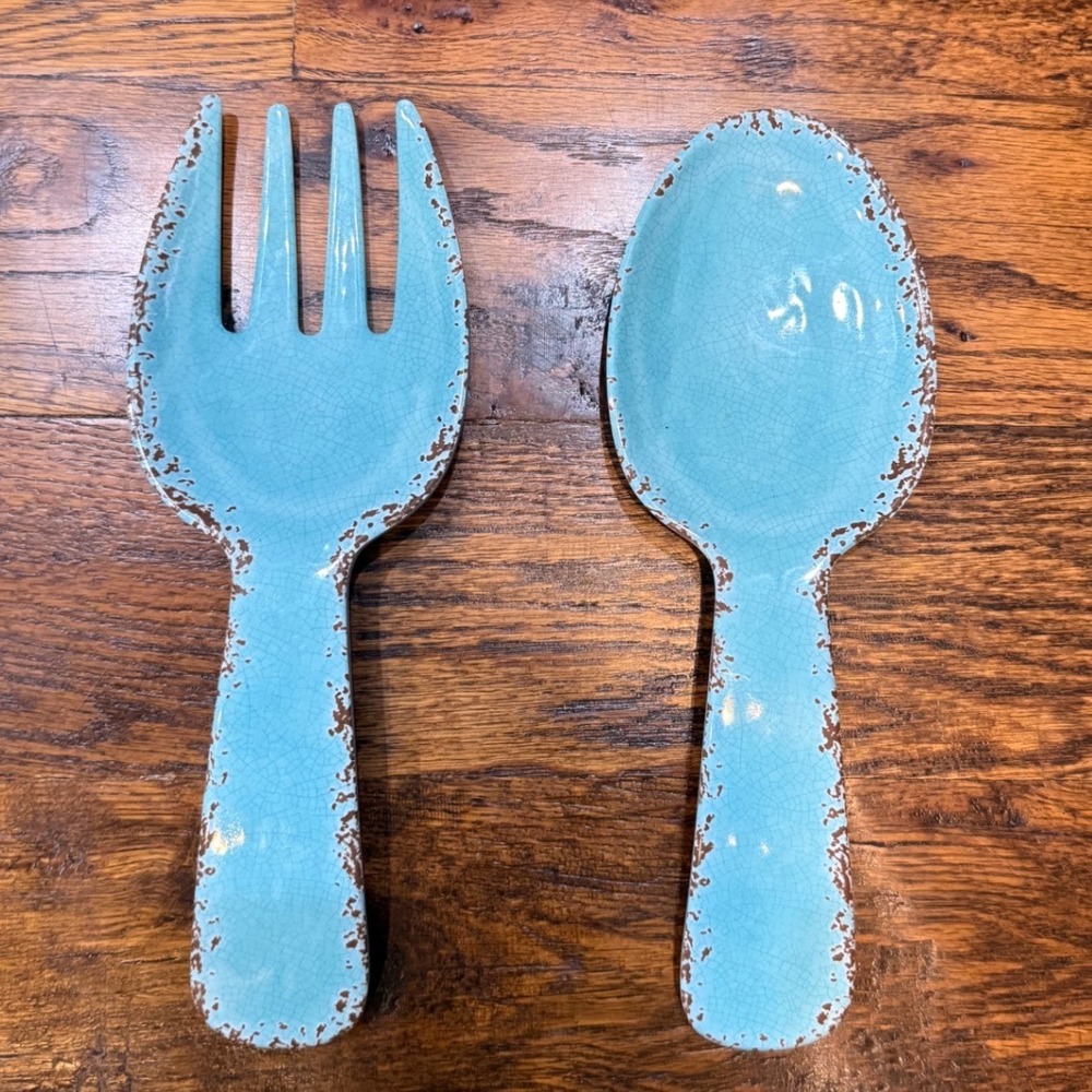 Tommy Bahama Turquoise Melamine Salad Server Set Fork Spoon Crackle Finish